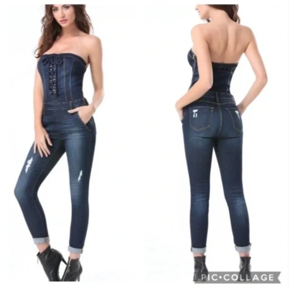 Bebe Lace-up Distressed Denim Strapless Jumpsuit - Picture 2 of 12